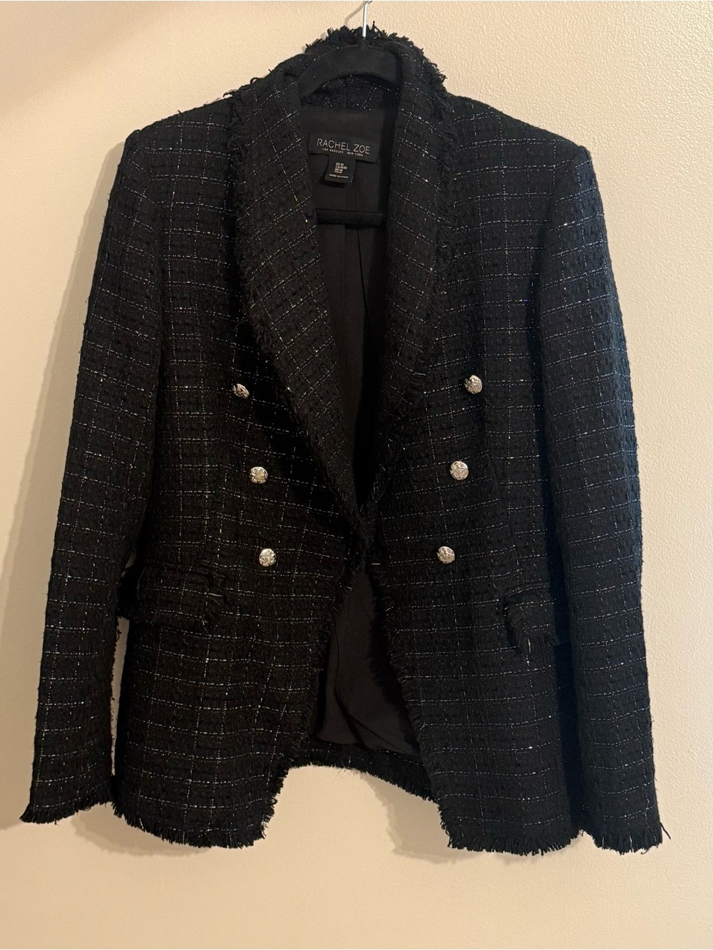 Rachel Zoe Black Tweed Double-Breasted Fringe Blazer with Rhinestone Buttons